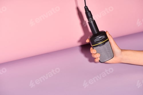 Preview: cropped view of woman holding loudspeaker on colorful background