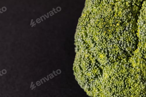 Preview: Extreme close-up of fresh green broccoli on black background with copy space