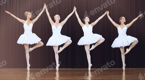 Preview: Women, ballet and theatre stage dance people in routine for creative theater art, group training or