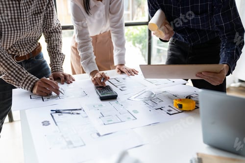 Preview: Architects, engineers, designers, working on concepts, planning, blueprints, brainstorming, coming u