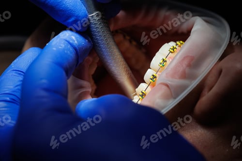 Preview: Extender for teeth. Teeth of a woman with braces at a dentist appointment. Orthodontic treatment