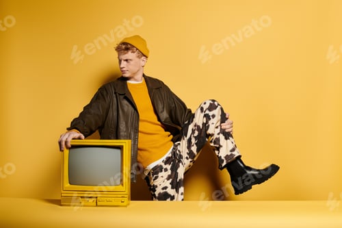 Preview: A young man poses confidently in a fashionable winter outfit, with a vintage television nearby