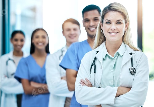 Preview: Proud portrait, team of doctors with healthcare service, leadership and happy teamwork in hospital