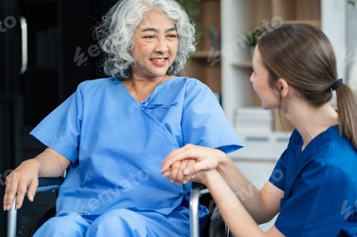 Vista previa: Elderly care concept. Portrait of nurse and her senior client on wheelchair.