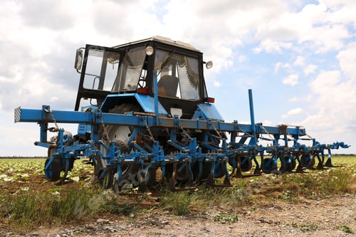 Preview: Modern tractor in field under cloudy sky. Agricultural industry