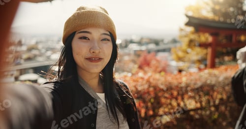 Preview: Selfie, travel and face of Japanese woman in nature for holiday, vacation and adventure in Japan. C