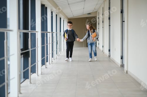 Preview: Cute pupils running down the hall at the elementary school