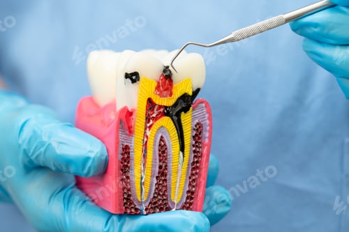 Preview: Asian dentist holding dental implant, artificial tooth roots into jaw, root canal