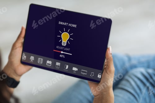 Preview: Smart home system app, interface device with icons, modern comfortable house