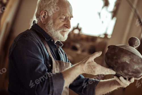 Visualização: Ceramista sênior em avental examinando tigela de cerâmica na oficina