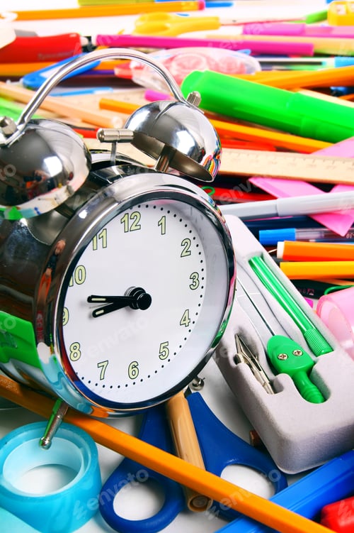 Preview: Stationery and alarm clock.