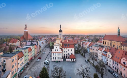Preview: Wolow, Poland. Aerial view of Town Hall and Market square