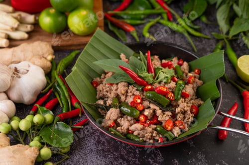 Preview: Stir-fried pork basil on banana leaves in a frying pan.