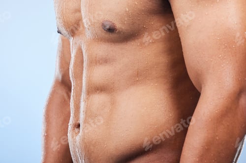 Preview: Studio water drops, body shower and person wet, grooming or morning care, maintenance or cleaning t