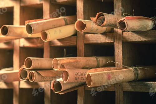 Preview: Library full of manuscripts in wooden box as mystical background