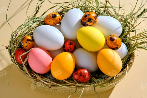 Preview: Easter eggs in pink, yellow and orange shades on a beige background.