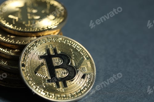 Preview: Cryptocurrency. Golden bitcoins on grey background, closeup. Space for text