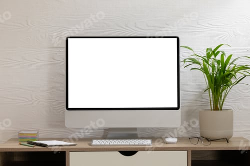 Preview: Composition of desktop computer with copy space on white background