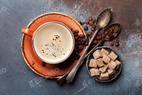 Preview: Coffee cup, beans and sugar