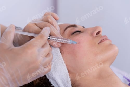 Preview: portrait of a young woman receiving facial mesotherapy treatment to smooth wrinkles.