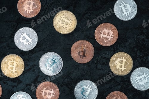 Preview: top view of arranged various bitcoins on dark marble tabletop