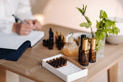 Preview: A close-up of bottles of essential oil and an aromatherapist writing a note in a notebook