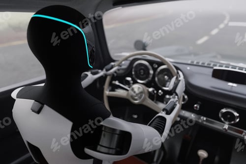 Preview: AI driving a vintage car. Robot with glowing light behind the wheel of a classic sports car.