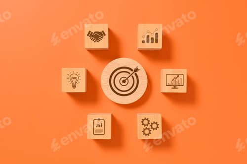 Preview: Wooden block of target board with business icons, Business strategy planning management, Progress of
