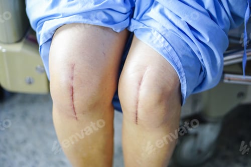 Preview: Asian elderly woman patient show her scar surgical total knee joint replacement Suture wound surgery