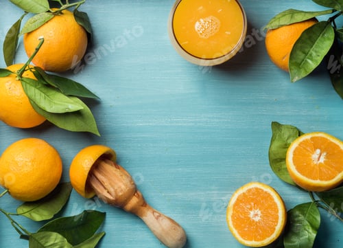 Preview: Fresh orange juice in glass and oranges with leaves on wooden turquoise blue painted background