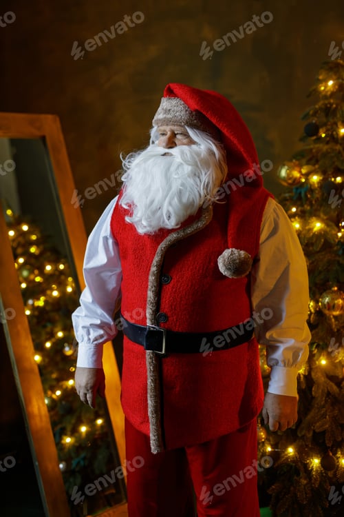 Preview: Santa Claus in red vest by Christmas tree with warm holiday lights