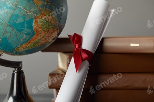 Preview: Brown books, globe and diploma with red ribbon on grey