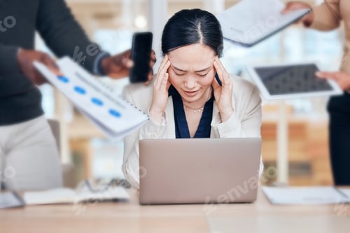 Preview: Business woman, stress and headache for chaos, demand or anxiety of challenge in office. Frustrated