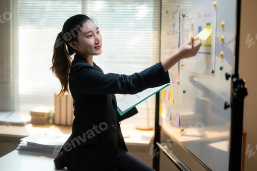 Preview: Businesswoman pointing at sticky notes on whiteboard during a planning meeting in the office