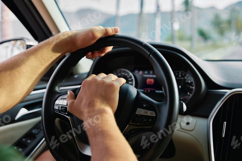 Preview: A person holding the steering wheel of a car while driving through a scenic background