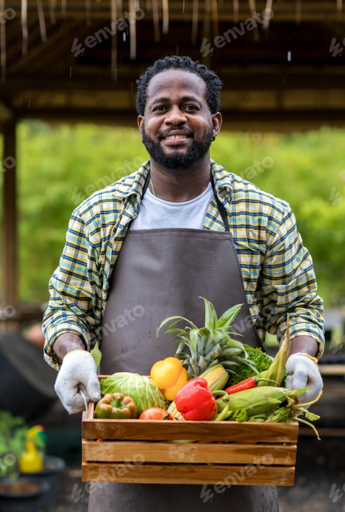 Preview: Farmer holding wooden box full of fresh vegetables. Basket with vegetable.
