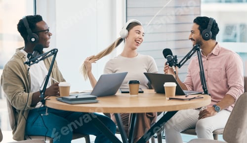 Preview: Communication, podcast speaker or laughing people, group or presenter of talk show, comedy broadcas