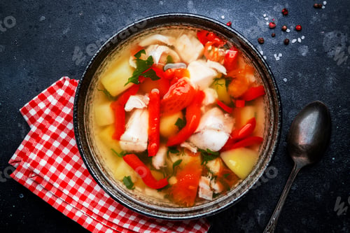 Preview: Fish soup with cod, paprika, potatoes, tomatoes and parsley in ceramic soup bowl
