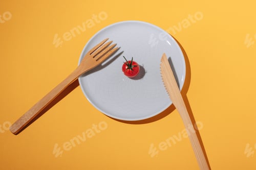 Preview: Small red cherry tomato in a plate and bamboo fork and knife on a yellow background