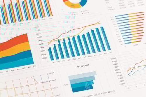 Preview: Business graphs, charts and magnifying glass on table. Financial development
