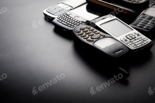Preview: Old and obsoleted cellphones on a black background.