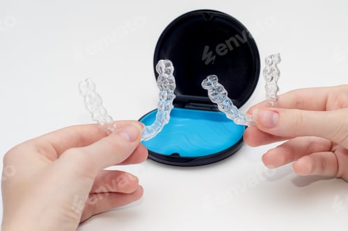 Preview: Transparent teeth aligners in a box. Invisible braces. Clear teeth straighteners.