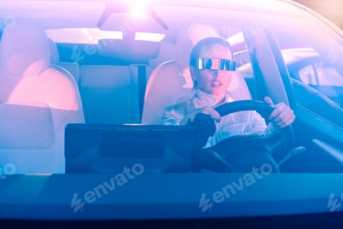 Preview: Fashion cyberpunk girl driving a supercar. Woman with futuristic eyeglasses sits by the car wheel