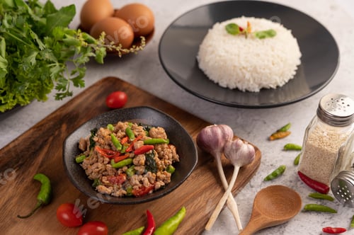 Preview: Spicy minced pork and rice on a black plate.