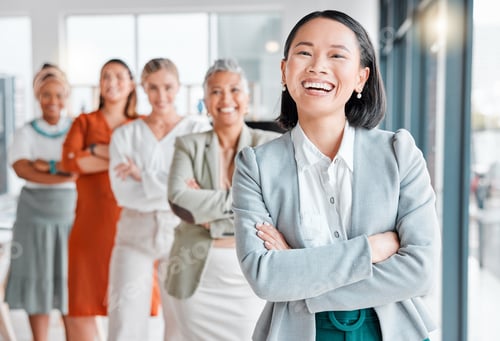 Preview: Asian woman, office team portrait and success of leadership, company communicate and vision. Divers