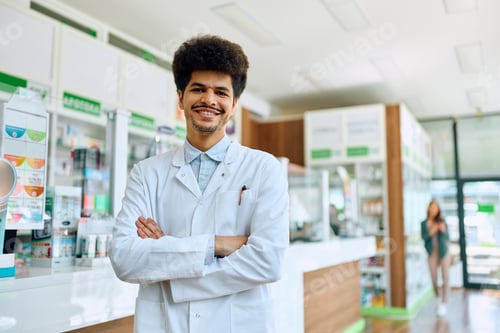 Preview: Happy pharmacist standing with arms crossed while working in a pharmacy and looking at camera.