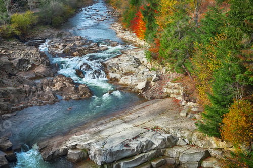 Preview: Autumn creek woods with colorfull trees foliage and rocks in for