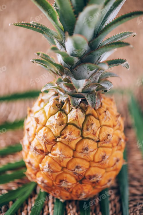 Preview: Mini pineapple with palm leaves on rattan background. Copy space. Flat lay. Exotic food, tropical