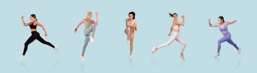 Preview: Group of women demonstrating various athletic poses on a light blue background