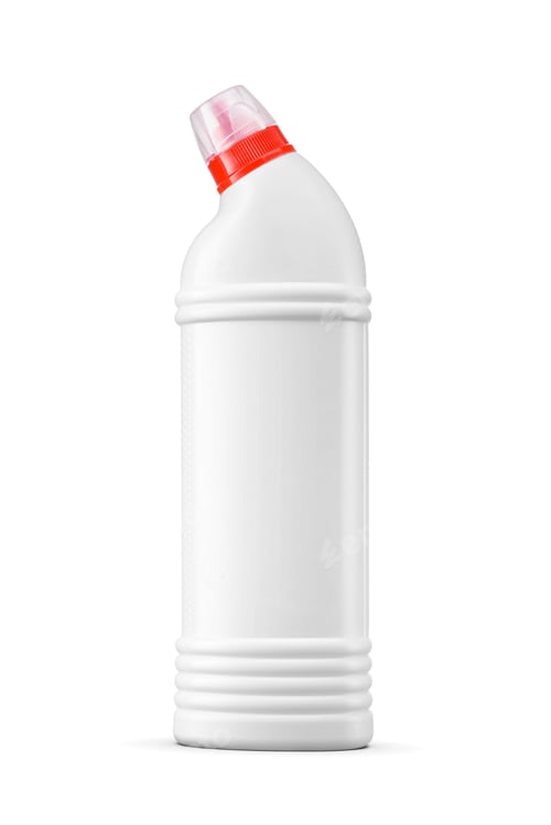 Preview: Toilet bowl cleaner bottle with red cap isolated on white.